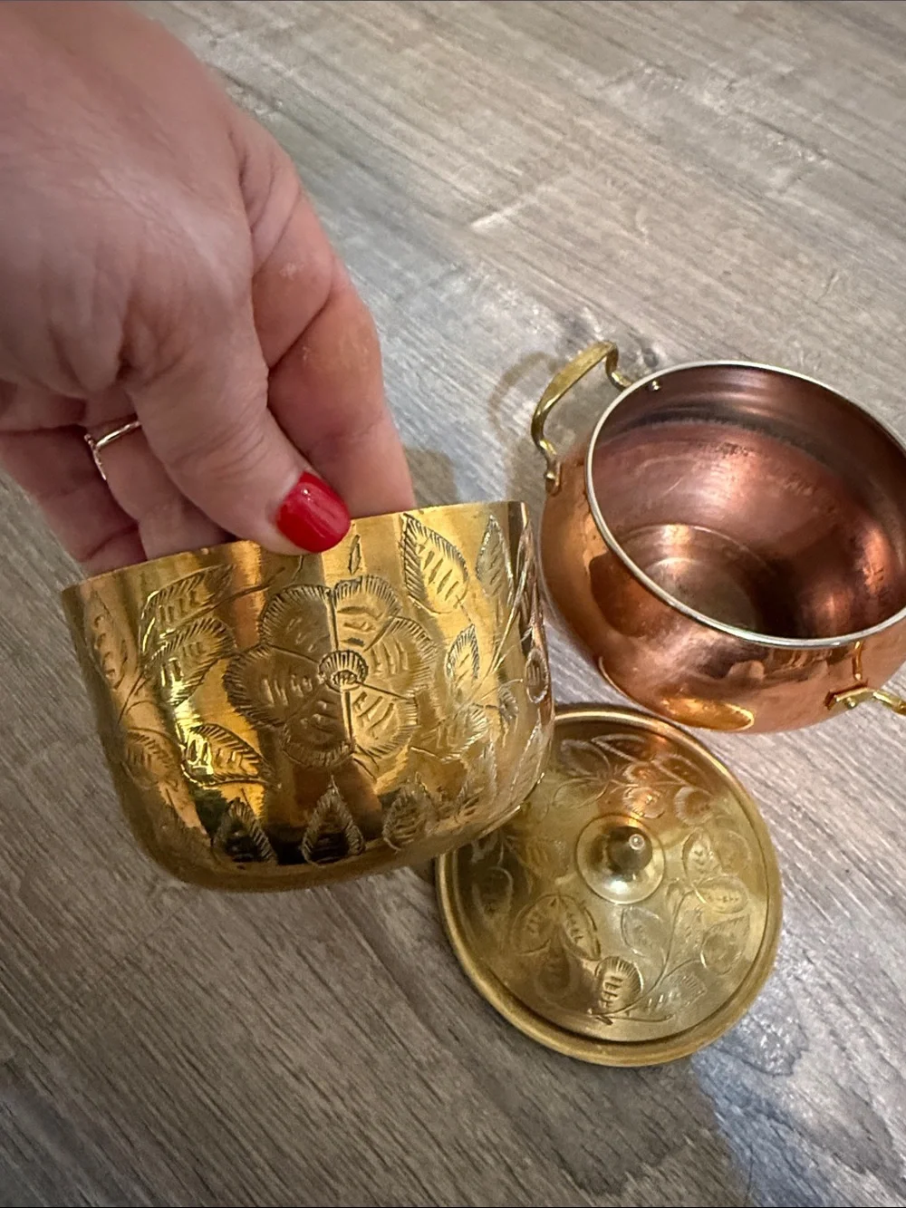 Sarna Etched Brass Bowl and Copper and Brass Handi Handled Pot  3 pieces Lot